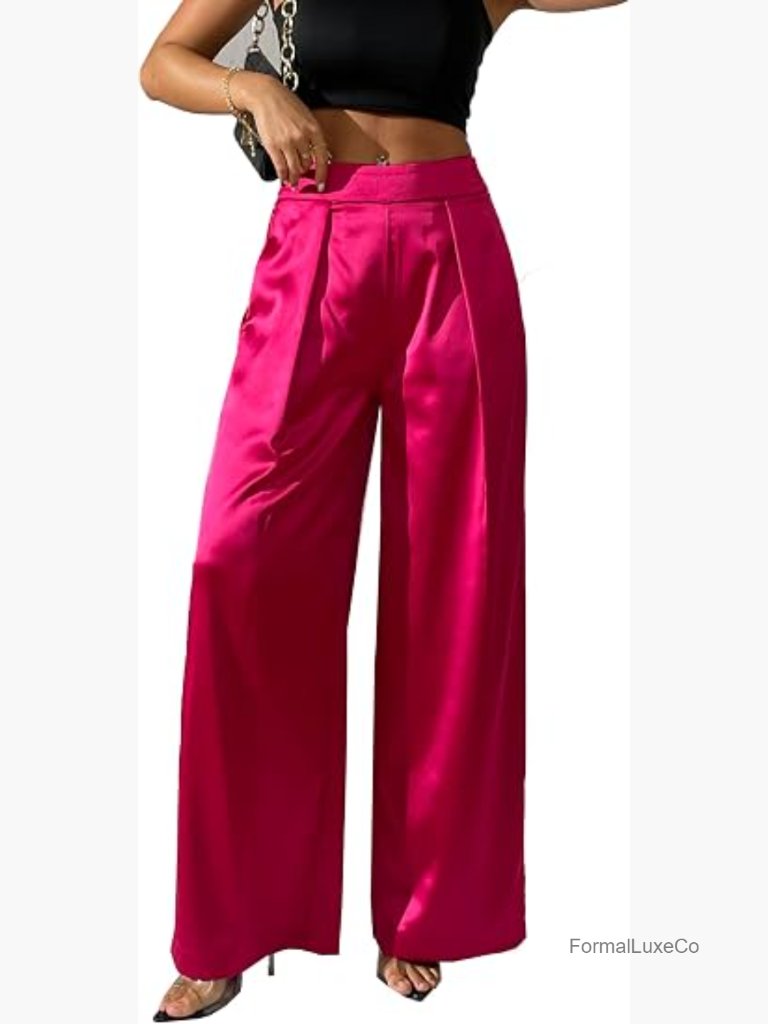 Satin Wide Leg Palazzo Pants Pleated High Waist Pull On Casual Trousers